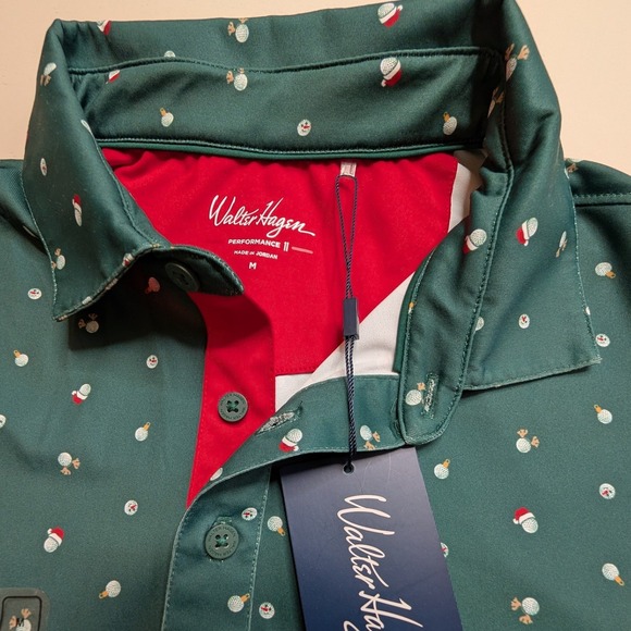 Walter Hagen Mens M Performance Golf Polo Shirt Green Holiday Print Short Sleeve - Picture 2 of 6